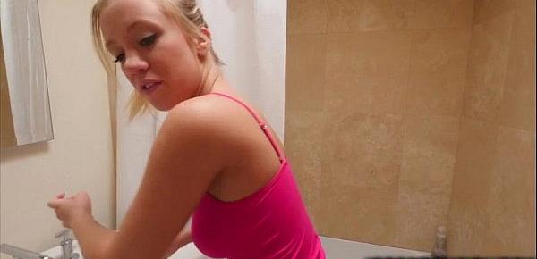  Bubble butt blonde Bailey Brooke take care of stepbro boner with bathroom quicky